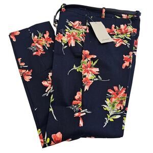 NWT Zara Basics Pants Womens Size 4 Blue Red Floral Ankle Length Belted Career